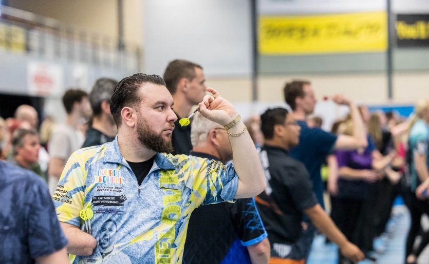 Driebergen-Rijsenburg, NETHERLANDS - JUNE 2: Darts player in action during the NK Darts in Health Center Hoenderdaal on June 2, 2024 in Driebergen-Rijsenburg Netherlands. (Photo by Bas van den Berk/Orange Pictures)