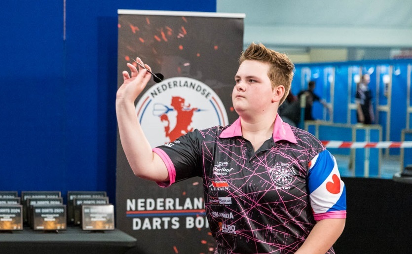 Driebergen-Rijsenburg, NETHERLANDS - JUNE 2: Darts player in action during the NK Darts in Health Center Hoenderdaal on June 2, 2024 in Driebergen-Rijsenburg Netherlands. (Photo by Bas van den Berk/Orange Pictures)