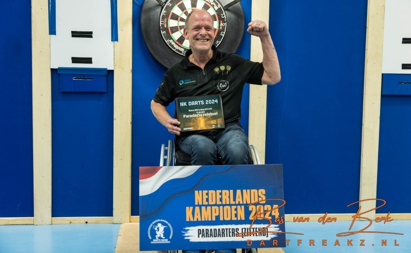 Driebergen-Rijsenburg, NETHERLANDS - JUNE 2: Darts player in action during the NK Darts in Health Center Hoenderdaal on June 2, 2024 in Driebergen-Rijsenburg Netherlands. (Photo by Bas van den Berk/Orange Pictures)