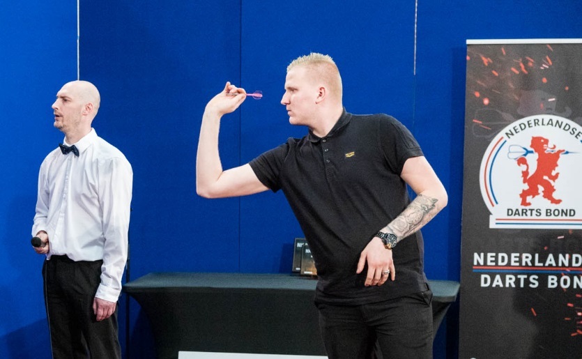 Driebergen-Rijsenburg, NETHERLANDS - JUNE 2: Darts player in action during the NK Darts in Health Center Hoenderdaal on June 2, 2024 in Driebergen-Rijsenburg Netherlands. (Photo by Bas van den Berk/Orange Pictures)